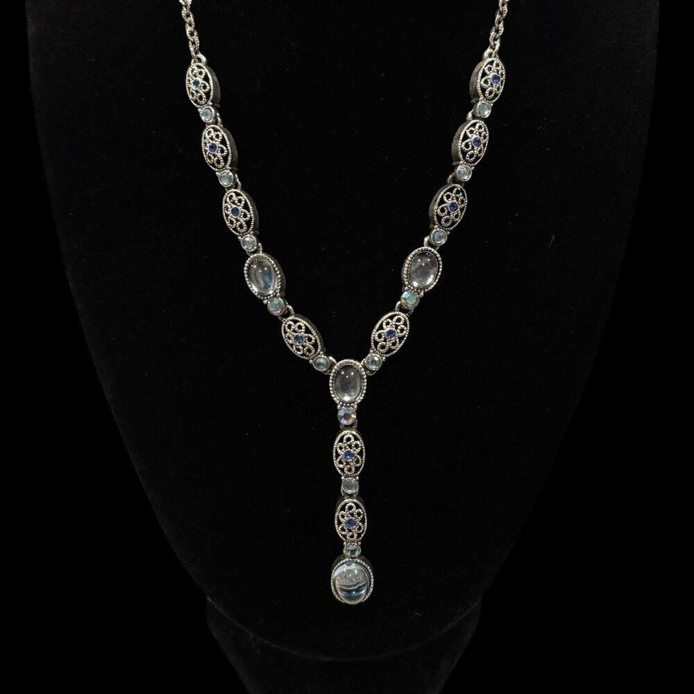 Vintage Avon Blue Glass Cabochons Filigree Y Necklace Silver Tone UV Glow 16"
